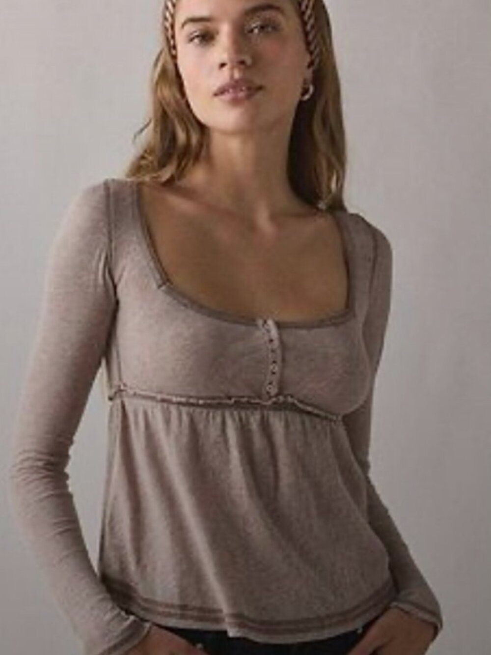 NWT BDG Brittney Babydoll Henley Tee Small Taupe Brown Y2K